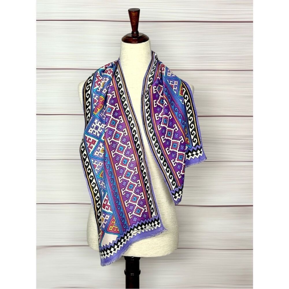 Oscar de la Renta Silk Scarf Geometric Tribal Southwestern Print Purple 11x50"